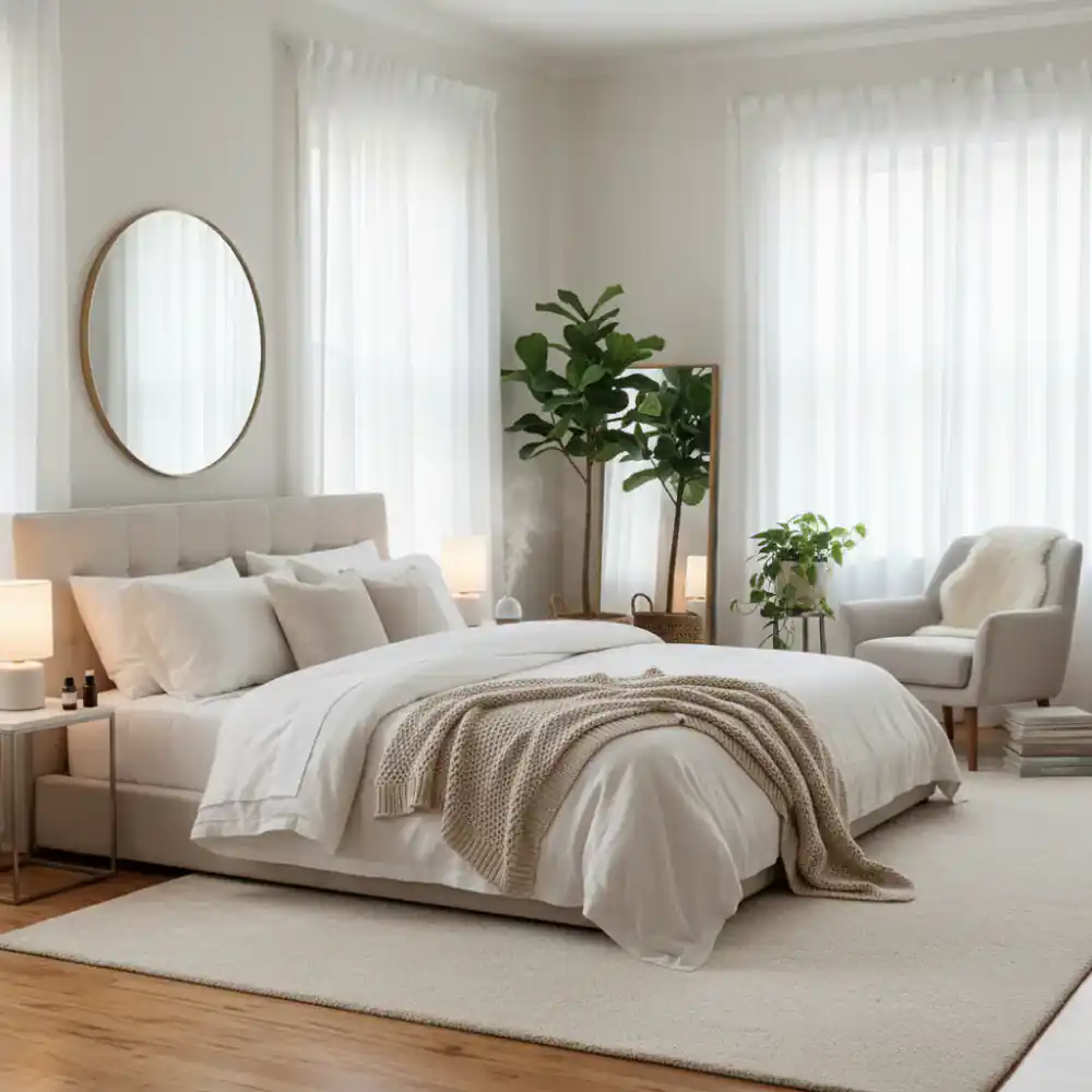 Ambient bedroom setting with soft lighting