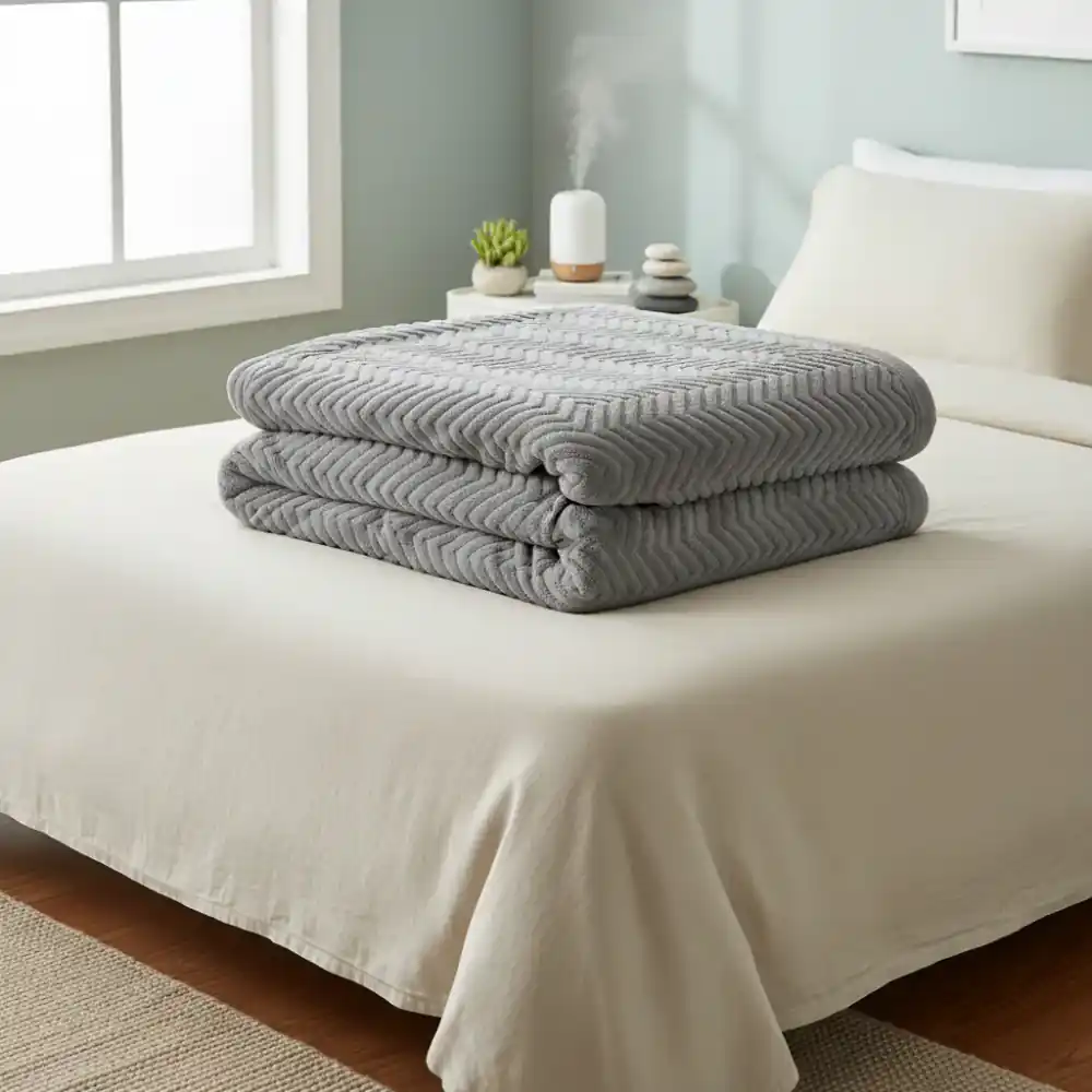 Weighted blanket folded neatly on a bed